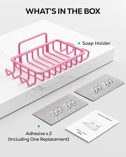 Nieifi Bar Soap Holder for Shower Wall with 4 Hooks, Stainless Steel Adhesive Soap Dish for Bathroom, Pink