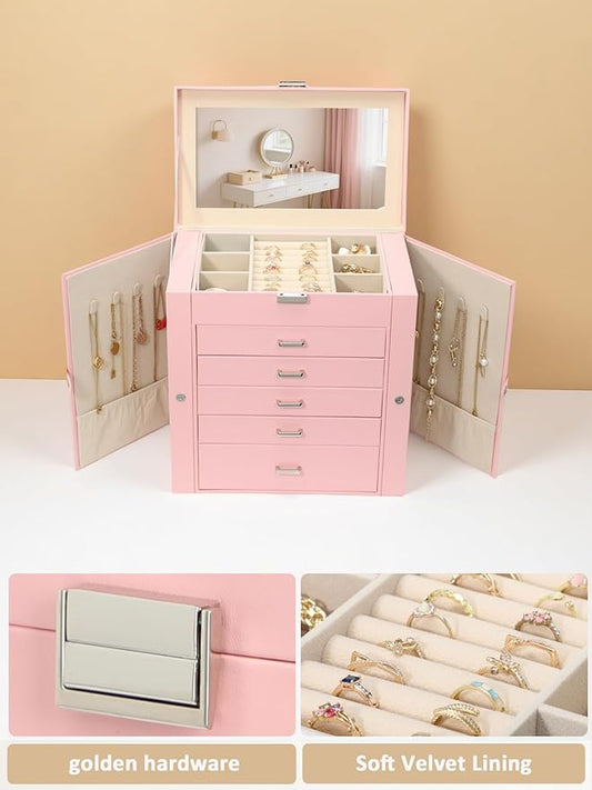 BOOVO Jewelry Box For women, 6 Layer Large Jewelry Organizer With Mirror, Multi-Function Storage Box With Lock, Necklace Holder With 5 Drawers, For Earrings Necklace Bracelet (Silver and Pink)
