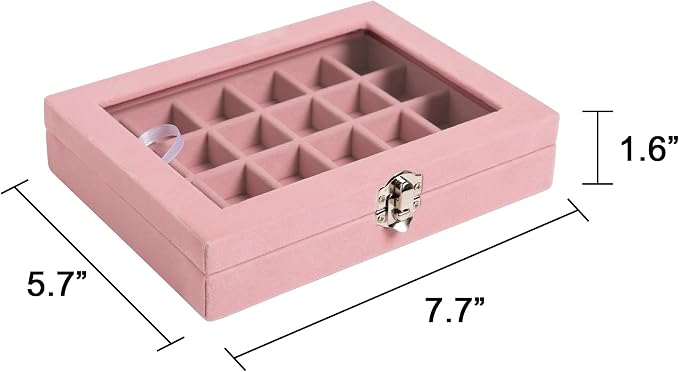 Frebeauty 24 Grid Jewelry Tray,Velvet Stud Earring Organizer,Small Jewelry Organizer with Clear Lid,Lockable Earring Holder Organizer Jewelry Boxes & Organizer Ring Holder for Women & Girls(Pink)