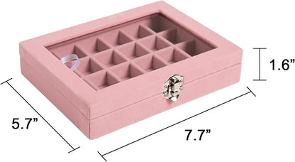 Frebeauty 24 Grid Jewelry Tray,Velvet Stud Earring Organizer,Small Jewelry Organizer with Clear Lid,Lockable Earring Holder Organizer Jewelry Boxes & Organizer Ring Holder for Women & Girls(Pink)