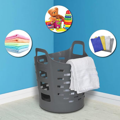 Clorox Flexible Laundry Basket - Plastic Hamper for Clothes, Bedroom, and Storage - Portable Round Bin with Carry Handles, 1 Bushel, Grey