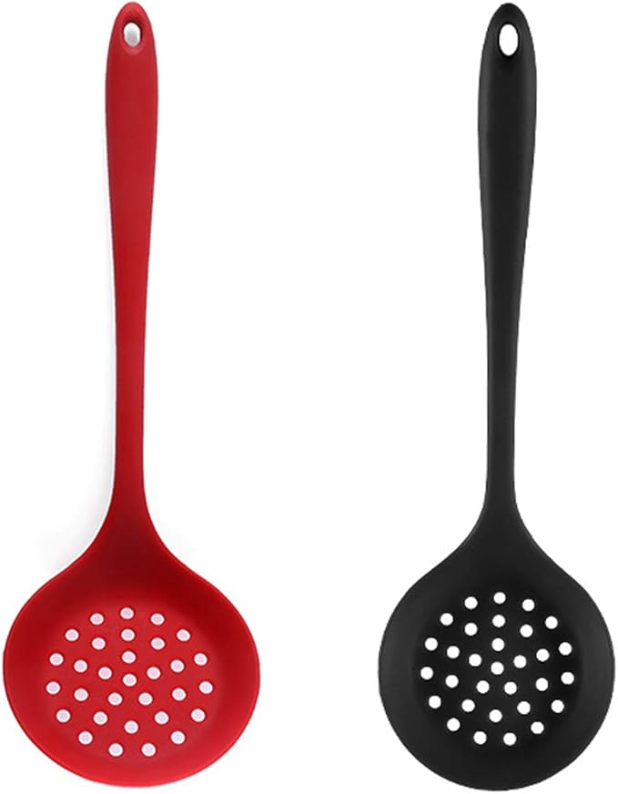 Silicone Skimmer Spoon Set 2, Non-Stick Cooking Slotted Colander Spoon Skimmer Strainer, Kitchen Sink Ladle Strainer Silicone Filter Spoon with Long Handle,Red and Black 32.5X10CM