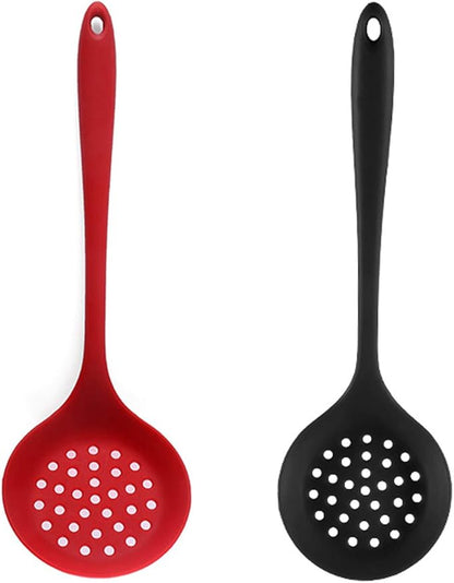 Silicone Skimmer Spoon Set 2, Non-Stick Cooking Slotted Colander Spoon Skimmer Strainer, Kitchen Sink Ladle Strainer Silicone Filter Spoon with Long Handle,Red and Black 32.5X10CM