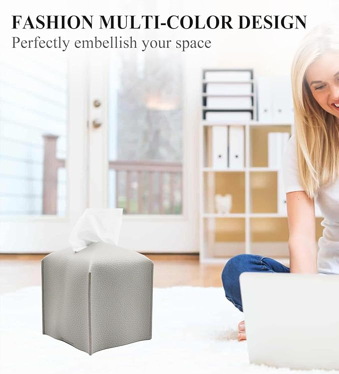 Livelab Tissue Box Cover Holder, Square Modern Decoration PU Leather Facial Tissues Case Roll Paper Dispenser for Bathroom Vanity Countertop, Night Stands, Office Desk Car 5X5X5'' | Pastel Grey