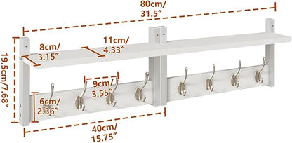 YMYNY Coat Rack Shelf Wall Mounted, Coat Hooks Set of 2, Entryway Coat Hanger with 4 Double Hooks, 31.5" Wall Floating Shelf with Hat Rack, for Kitchen, Bedroom, Bathroom, White UHWS001W-2