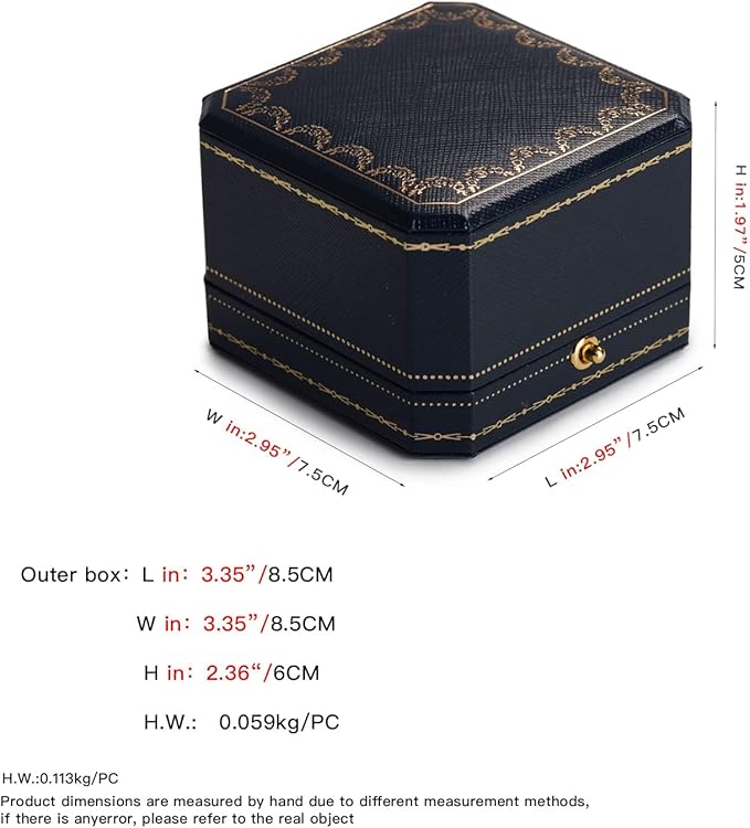 Oirlv Royal Blue Double Ring Box (Jewelry Storage, 2.95x2.95x1.96 inches, Leather, Square, 1 Compartment, 1 Drawer, 0.2 pounds) for Wedding, Anniversary, Engagement, Valentine's Day