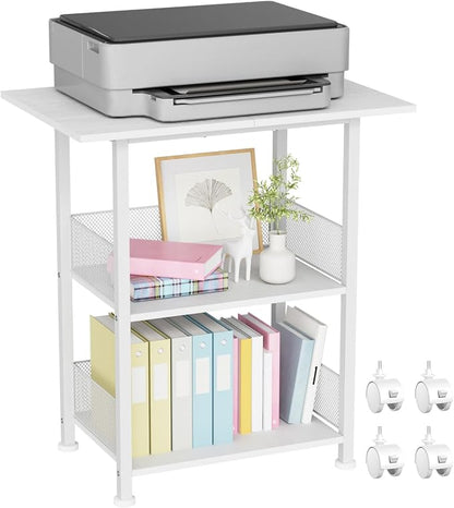 BOHDK Printer Stand, 3-Tier Industrial Large Printer Table with Shelf, 23"x15" Mobile Heavy Duty Storage Rack on Wheels for Home Office Printer Fax Machine Scanner Copier, White
