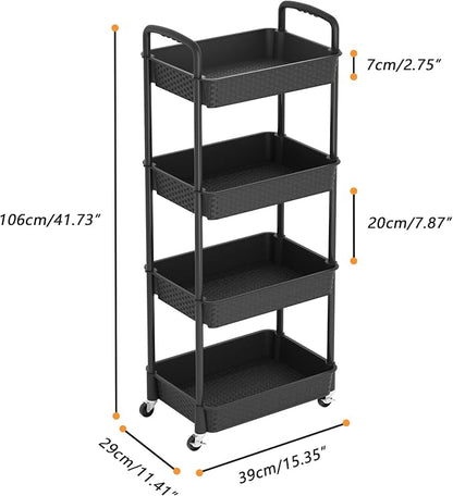 MOYIPIN 4-Tier Plastic Rolling Utility Cart with Handle, Utility Storage Cart for Office, Living Room, Kitchen, Movable Storage Organizer Shelves, Black