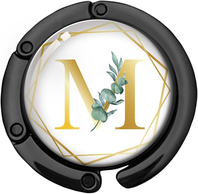 Gold Initial Foldable Purse Hook Gifts, Eucalyptus Letter Handbag Hanger, Women's Bag Hanger Holder, Round Purse Table Hook, Funny Desk Decor Gifts for Women Coworker Friend (Eucalyptus M)