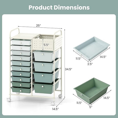 Giantex 14 Drawer Storage Cart, Rolling Craft Cart with Metal Tabletop & Pegboard, Mobile Utility Organizer Trolley with Locking Wheels, Home Office, Green Gradient