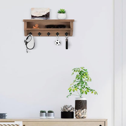 Nekon Key Holder Wall Mount, Wall Organizer Shelf with 5 Key Hooks, Room Decor for Home and Apartment Essentials, Brown