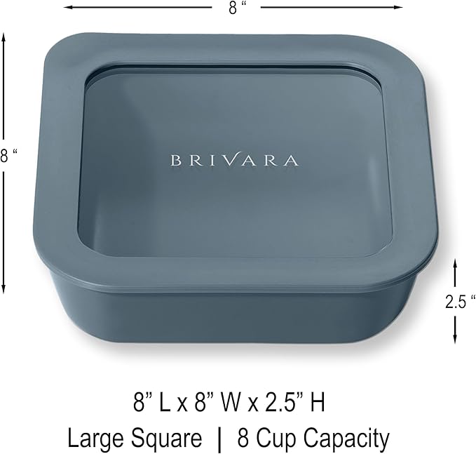 BRIVARA HOME Ceramic Coated Glass Food Storage Container | No PTFE, PFOA, PFAS, and BPA | Reusable Non Toxic Meal Prep Container with Glass Lid | Easy To Store | 8 Cup Square [Dusk]