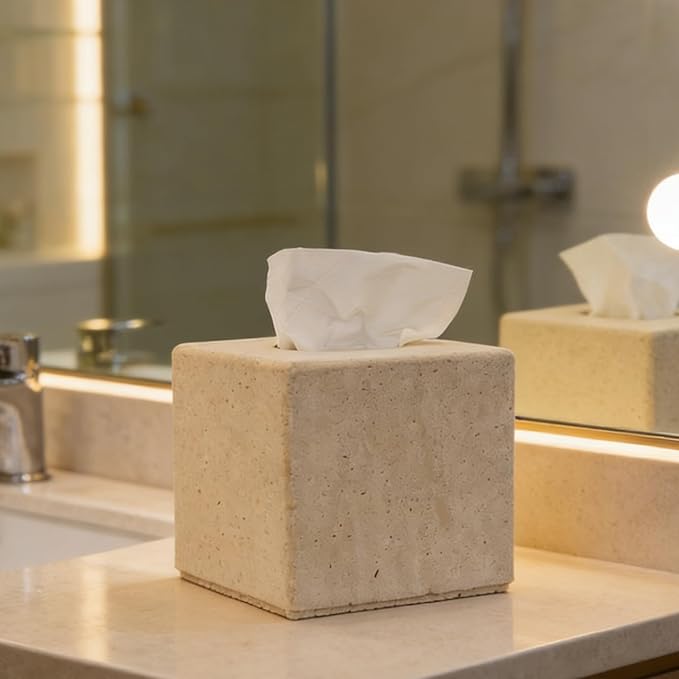 Travertine Tissue Box Cover, Heavy Duty Nature Stone Tissue Box Holder, Decorative Luxurious Travertine Square Toilet Tissue Box for Bathroom, Bedroom, Living Room, Office