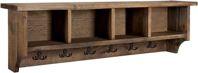 Alaterre Furniture Pomona Entryway Organizer – Rustic Farmhouse 48-Inch Wall-Mounted Coat Rack with 6 Double Hooks & 4 Open Cubbies – Solid Wood Mudroom Storage for Entryway or Hallway (Rustic Brown)