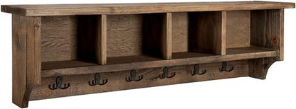 Alaterre Furniture Pomona Entryway Organizer – Rustic Farmhouse 48-Inch Wall-Mounted Coat Rack with 6 Double Hooks & 4 Open Cubbies – Solid Wood Mudroom Storage for Entryway or Hallway (Rustic Brown)