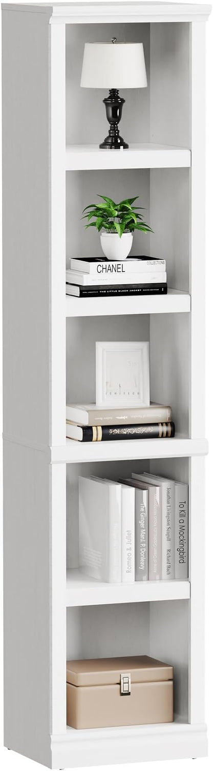 blini 5-Shelf Narrow Bookcase White Wooden Tall Bookshelves Floor Standing Display Storage Shelves Mahogany Bookcase for Home Office, Living Room, Bed Room