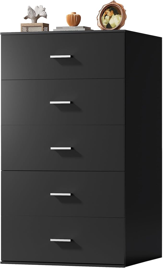 WLIVE Tall Dresser for Bedroom, Wood Chest of Drawers with Mental Handles, Black Bedroom Dresser with 5 Drawers, Modern Minimalist Closet Store Organizer for Living Room, Hallway