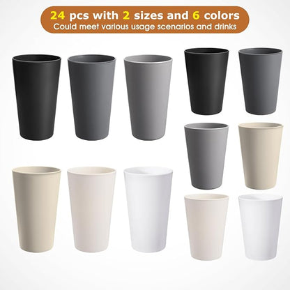HEYCOME 24 Pcs Unbreakable Plastic Cups Set, 12 Pcs 14 oz and 12 Pcs 20 oz Reusable Plastic Cups, Stackable Water Tumblers, Drinking Cup for Kitchen, BPA-free, Dishwasher and Microwave Safe, 6 Colors