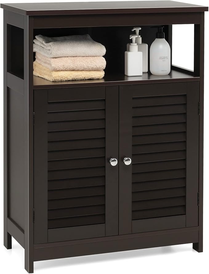 Tangkula Bathroom Floor Cabinet, Wooden Freestanding Storage Cabinet with Double Shutter Door & Adjustable Shelf, Storage Cabinet for Bathroom Living Room (Brown)
