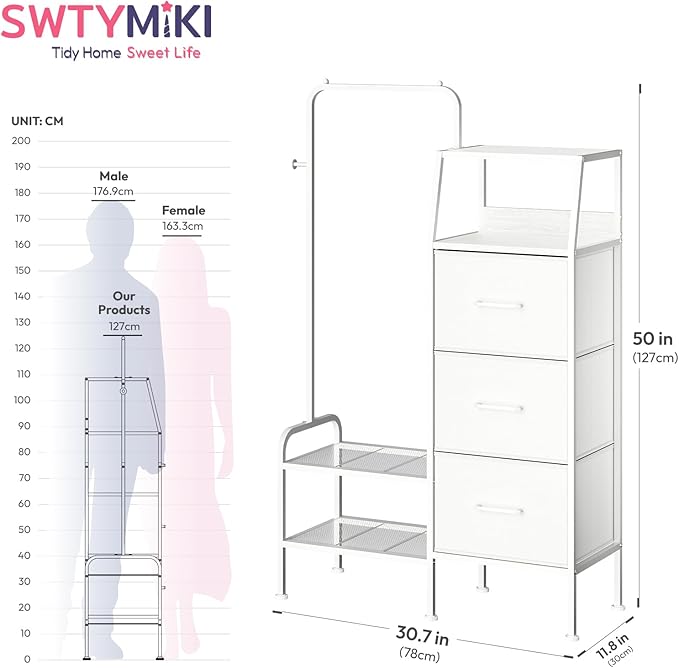 SWTYMIKI Dresser with Hanging Rack - 3 Fabric Drawers Kids Dresser for Bedroom - Reversible Tall Storage Tower, Small Space Clothes Storage Organizer Cabinet for Apartment, Dorm 49.21''H, White
