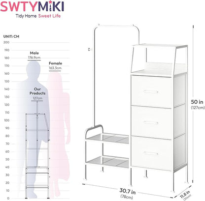 SWTYMIKI Dresser with Hanging Rack - 3 Fabric Drawers Kids Dresser for Bedroom - Reversible Tall Storage Tower, Small Space Clothes Storage Organizer Cabinet for Apartment, Dorm 49.21''H, White