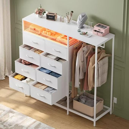 White Dresser for Bedroom with 8 Drawers, Bedroom Dressers with Hanging Rack, Clothes Storage Cabinet with Led Lights & Charging Station, 47 Inch Chest of Drawers with Shelves for Bedroom, Closet