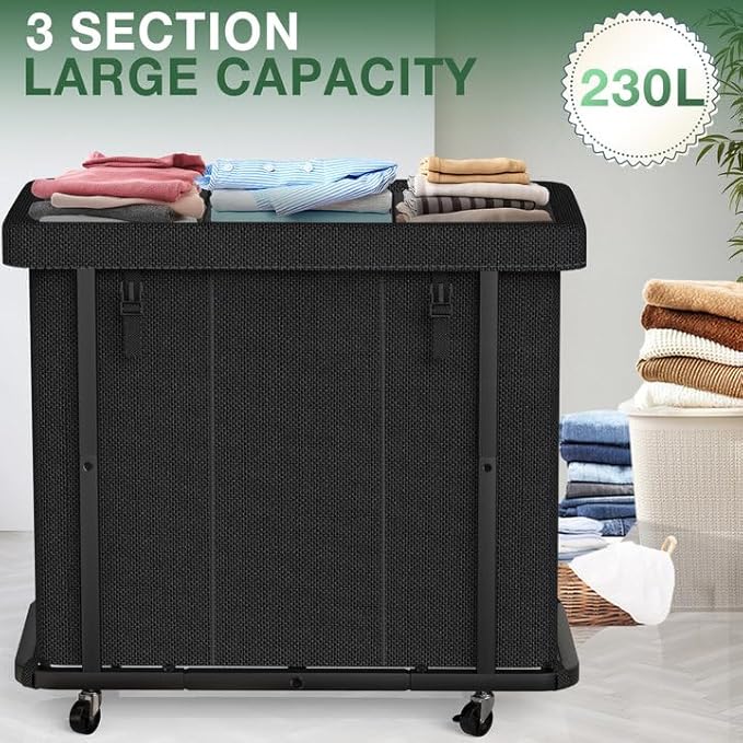 60 Gal(230L) Laundry Basket with Lid, Rolling Laundry Hamper with Wheels, Dirty Clothes Hamper with Metal Frame and Removable Bag Design, Suitable for Laundry Room, Bedroom (Black, 3 Section 230L)