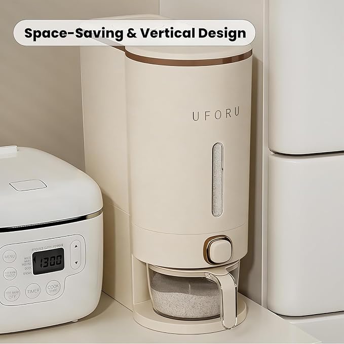 UFORU Rice Dispenser, Rice Storage Container with Measuring Cup for Kitchen Pantry Household, Cereal Dry Food Storage Containers Airtight, Sealed Moisture Proof (Brown 22 Lbs)