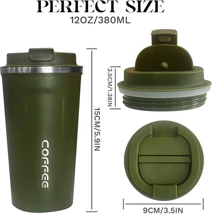 YINBAOGE Insulated Travel Coffee Mug, Spill & Leak Proof, Portable To Go Camping Stainless Steel Coffee Tumbler, Reusable Thermal Coffee Cup with Lid for Hot & Cold Drinks (2nd-Green, 12 OZ)