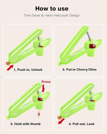 Cherry Pitter, Cherry Pit Remover Tool, Olives Pitter with Hand-held Push, Olive Pit core remover stones tool with lock design, Durable Cherries Pit Remover for Cherry Jam -Green