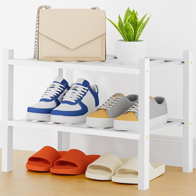 Smiry Small Bamboo Shoe Rack, 2 Tier Free Standing Wooden Shoe Organizer, Stackable Wood Shoe Storage Shelf for Closet, Entryway, 14 Vertical Slats, One-piece Heavy-Duty Legs, 17.3"x11"x13", White