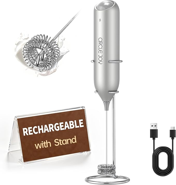 CIRCLE JOY Rechargeable Milk Frother Handheld with Stand, Dual Spring Whisk Electric Foam Maker, Detachable Hand Frother Wand Drink Mixer for Lattes, Cappuccino, Macchiato, Hot Chocolate, Silver
