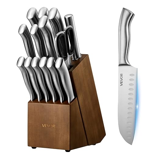 VEVOR Kitchen Knife Set with Block and Sharpener, 15 Piece German High Carbon Stainless Steel Sharp Knife Set, Kitchen Cutlery with Ergonomic Handle, Sharpening Rod and Wooden Block, for Home Cooks