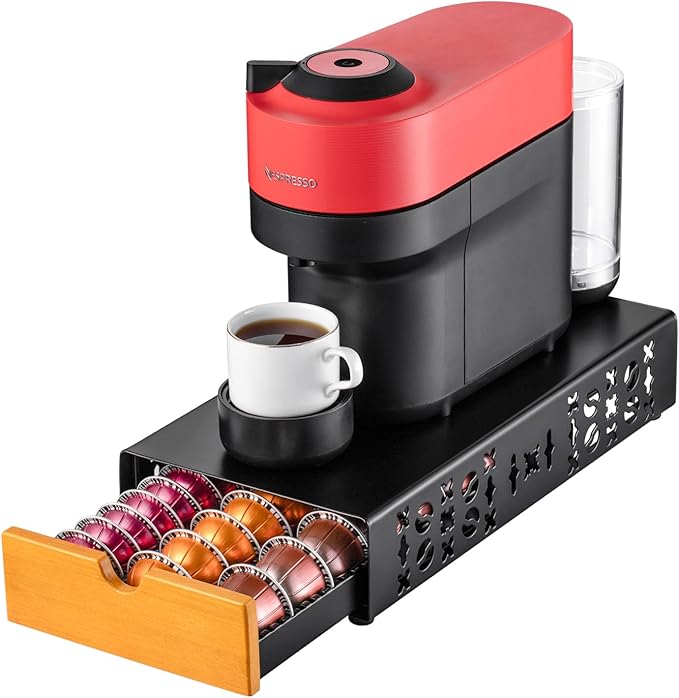 FlagShip Coffee Pod Holder for Nespresso Vertuo Pod Organizer Fits All Vetuo Pods Black Metal With Wood Handle