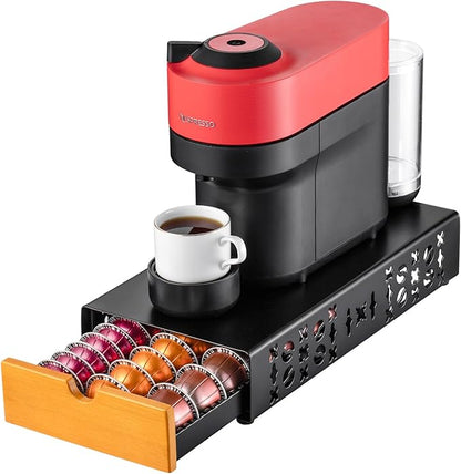 FlagShip Coffee Pod Holder for Nespresso Vertuo Pod Organizer Fits All Vetuo Pods Black Metal With Wood Handle