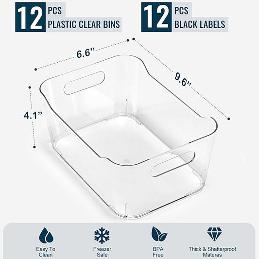 12 PACK Multiuse Clear Plastic Storage Bins for Organizing w/ Labels - Home, Kitchen, Bathroom, Office, Pantry Cabinet Shelf Organizer Bins - SOHO Collection, RV, Fridge Organization Containers