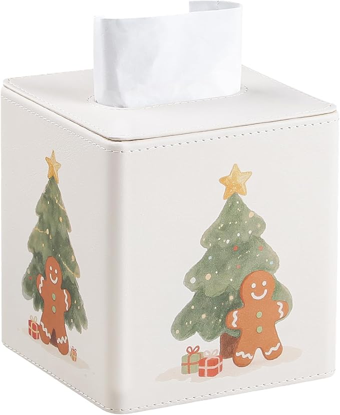 MEIBOOCH PU Leather Tissue Box Cover Square Tissue Box Holder with Magnetic Closure (Christmas Style)