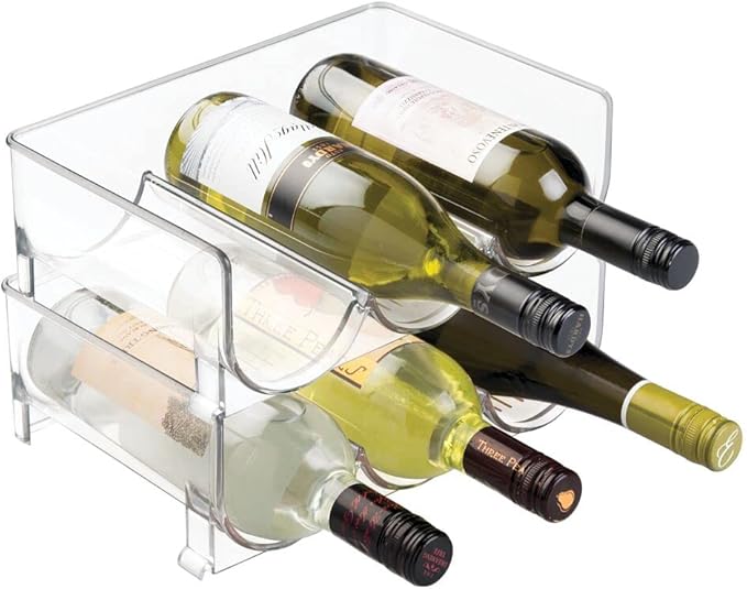 mDesign Stackable Plastic 3 Bottle Refrigerator Wine Rack - Kitchen Storage Organizer Holder for Storing Champagne, Wine, and Water Bottles - Stacking Wine Bottle Organizer for Fridge - 2 Pack - Clear