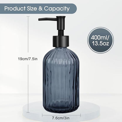 Topsky Stripe Glass Soap Dispenser with Black Plastic Pump, 400ml Liquid Hand Soap Dispenser, Rustproof Pump for Kitchen & Bathroom, Great for Lotions, Essential Oil, Liquid Soaps- (Grayish Blue)