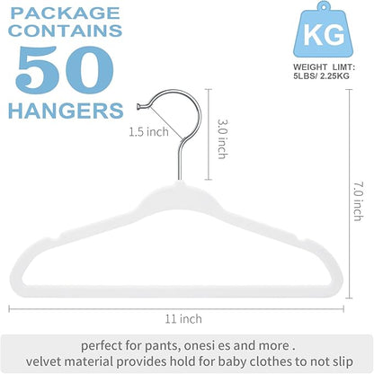White Velvet Kids Hangers 50 Pack - 11" Ultra Thin Non-Slip Clothes Hangers for Baby/Toddler/Daycare | 360° Rotating Hooks, Space-Saving Nursery Organization