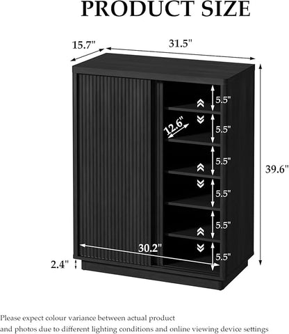 Fluted Shoe Cabinet with Sliding Door, 6-Tier Large Hidden Storage Organizer Modern Shoe Rack with Adjustable Shelves, Mid Century Freestanding Wooden Shoe Storage Cabinet for Entryway,Black