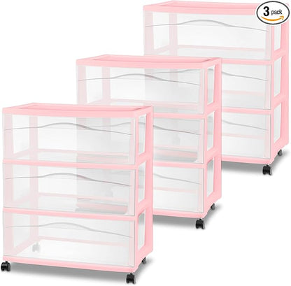 Sterilite 3 Pack Wide 3 Drawer Storage Cart, Rolling Organization, Pink | Clear Plastic Organizer Drawers with Wheels for Craft Supplies, Bath Essentials, or Home Accessories