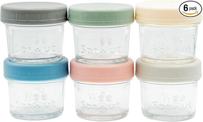 WeeSprout Glass Baby Food Storage Jars w/Lids (4 oz, 6 Pack Set) Snack, Puree, Reusable Small Containers, Breast Milk, Fridge or Freezer, Microwave & Dishwasher Safe, Essential Must Have for Infants