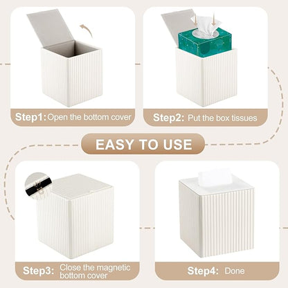 KINGFOM Square Pu Leather Tissue Box Cover, Modern Facial Tissue Holder, Roll Tissues Paper Case Dispenser for Bathroom Vanity Countertop, Night Stands, Office Desk (Off-White Strips)