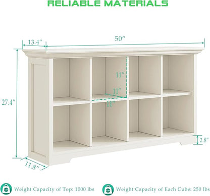 Cube Shelf Bookcase with Base - Wooden 2 Tiers Floor Standing Low Storage Cabinet for Home and Office, 8-Cube Lattice Bookshelf, Warm White