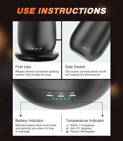 Kepwam Self Heating Coffee Mug T2, 16oz Smart Heated Coffee Mug, 150 Min Battery Life - Hot up to 149℉ Temperature Control Coffee Mug Warmer, Gifts for Dad Mom (No APP)