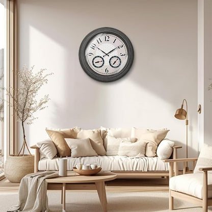 Presentime & Co. 18 Inch Illuminated Outdoor Clock, Waterproof Lighted Large Wall Clock with Thermometer & Hygrometer, Elegant & Vintage Home Decor for Garden, Patio, Pool, Grey Stone Finish