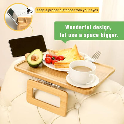 Smatdecis Couch Arm Tray Table Sofa Arm Clip, Armrest Tray Table Suitable for Home Drinks/Fast Food/Fruit Etc, Large Size Multi-Function Natural(360° Rotating Stand A)