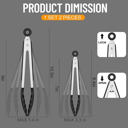 HOTEC Premium Kitchen Tongs, 7 & 9 Inch, Stainless Steel, Black, Set of 2 | Silicone Tips, Durable Spring Locking Mechanism, Non-Scratch & Heat Resistant, For Salad, BBQ, Serving