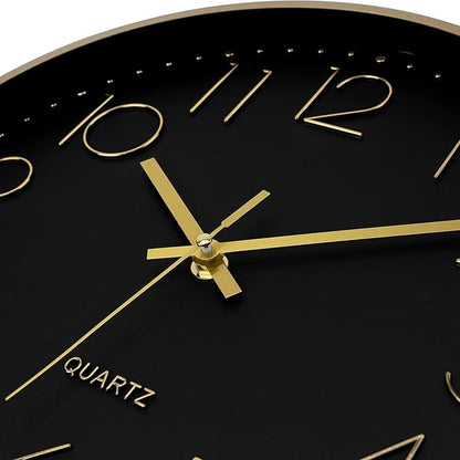 Foxtop Black Gold Wall Clock 12 Inch Silent Non-Ticking Battery Operated Round Quartz Modern Wall Clock for Living Room Kitchen Bedroom Home Office School Decor
